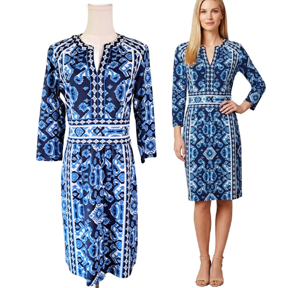 J McLaughlin Lola Dress Blue Ikat Print 3/4 Sleeve Catalina Cloth